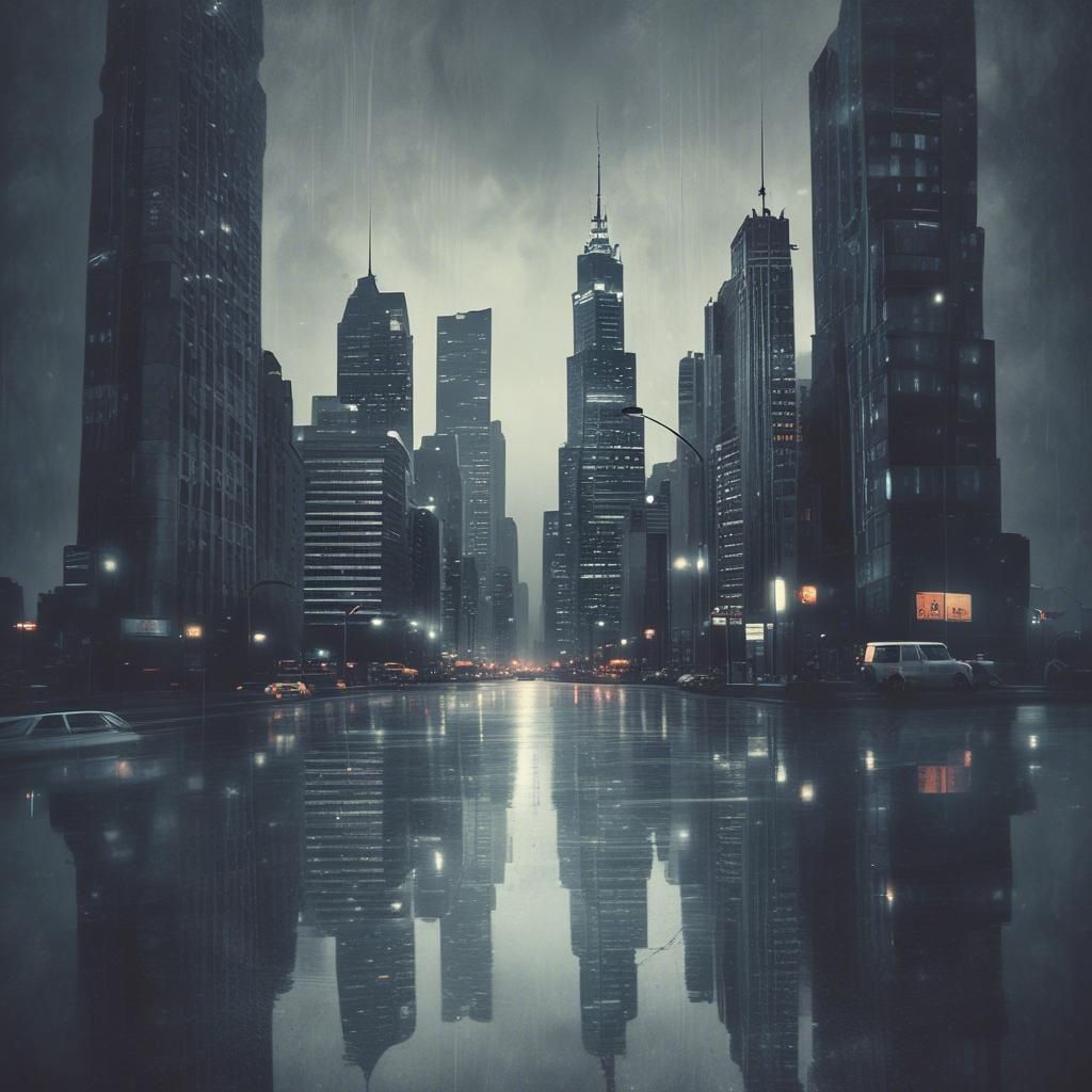 灰色の雨にけぶる摩天楼